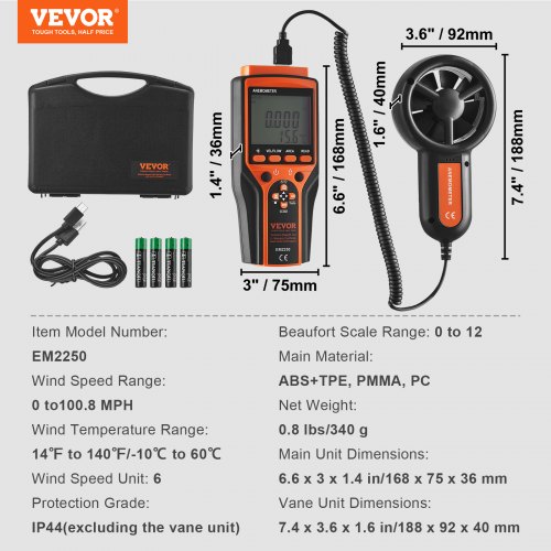 Håndholdt anemometer, digital vindhastigheds- og luftstrømsmåler, 188x92x40 mm, ABS