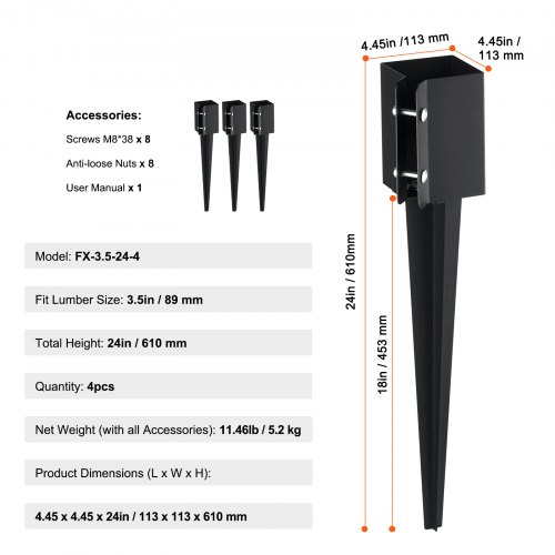 Hegnspostanker, 4-pak, 11,3x11,3x61 cm, Sort, Metal