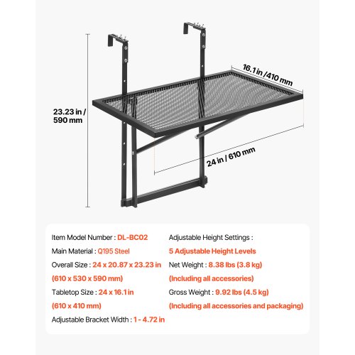 Balkonghängande bord, 61x53x59 cm, Metall, Fällbart, Justerbart