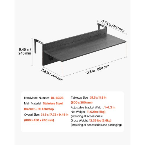 Balkonghängande bord, 30,5x81,3 cm fällbart utomhusbord, svart, metall
