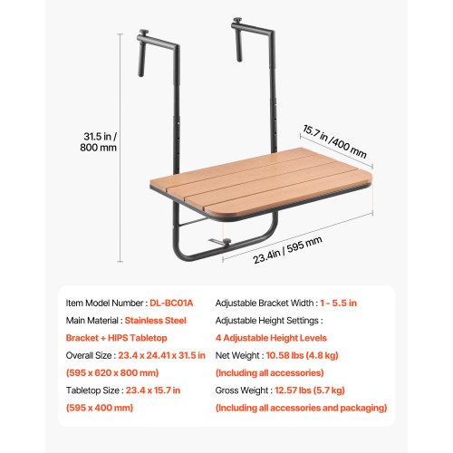 Balkonghängande bord 59,5x62x80 cm fällbart justerbart utomhus