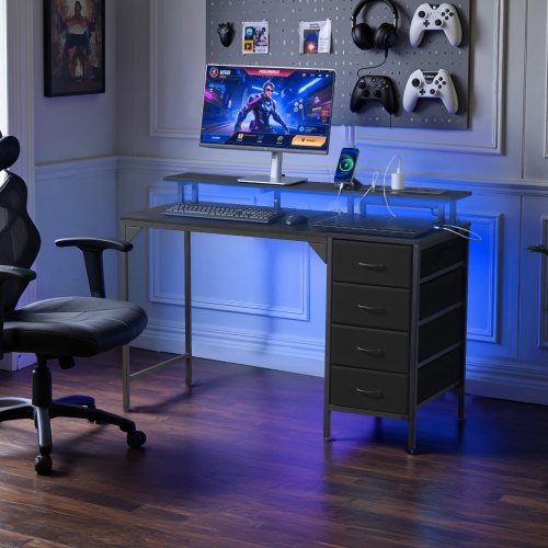 Skrivebord 120x50x86 cm Sort, LED-lys, Opbevaring
