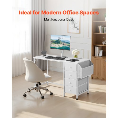 Computerskrivebord, 120x50x75 cm, Hvid, Skuffer i stof, Metalstel