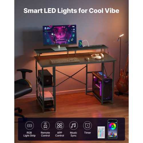 Computerskrivebord, 120x50x86,5 cm, Sort, LED-lys og opbevaring