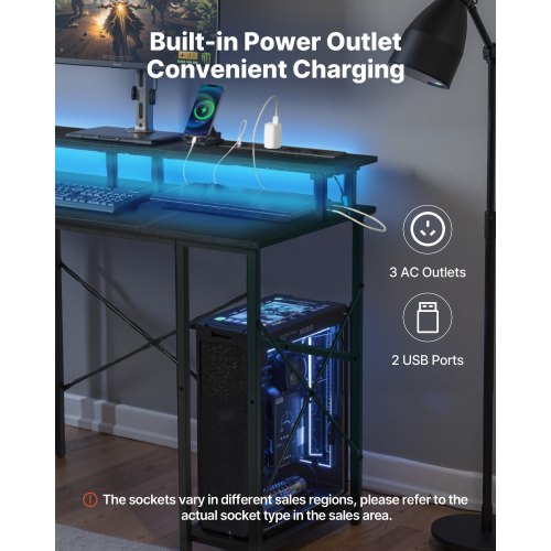 Computerskrivebord, 120x50x86,5 cm, Sort, LED-lys og opbevaring
