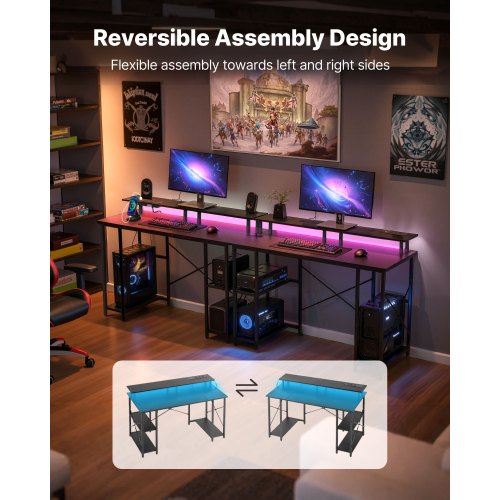 Computerskrivebord, 120x50x86,5 cm, Sort, LED-lys og opbevaring
