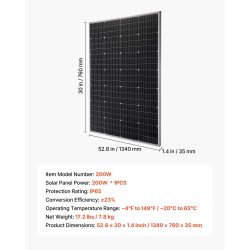 Solpanel, 200W monokrystallinsk, 134x76x3,5 cm, vandtæt