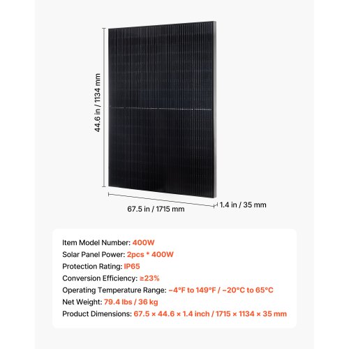 Solpanel, 2 stk. monokrystallinsk 400W, 171,5x113,4x3,5 cm, sort, aluminiumsramme