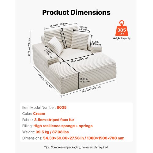 Chaiselong, 138x150x70 cm, Beige, Polstret