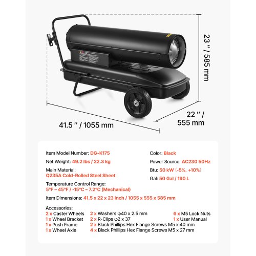 Tvungen luft petroleum dieselvarmer, 105,5x55,5x58,5 cm, sort, bærbar opvarmning