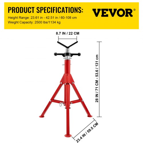 Rørstativ, Justerbar højde 71,1x132,1 cm, 0,3-30,5 cm kapacitet, 1133,9 kg belastning, sammenklappelig, kulstofstål