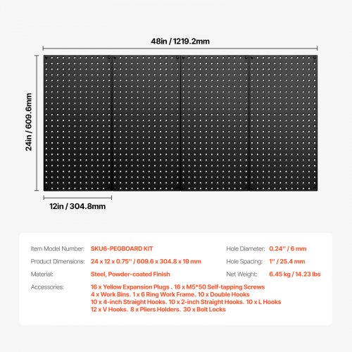 Pegboard paneler, 61x30x1,9 cm, sort, metal opbevaring