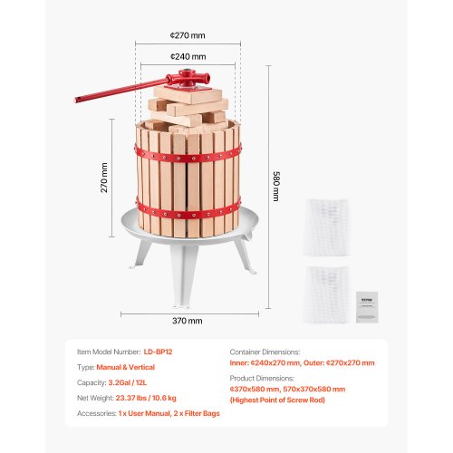 Frugt- og vinpresse, 12L, 37x58x37 cm, Hvid, Bøgetræ