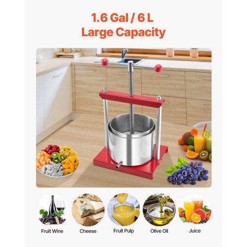 Frugt- og vinpresse, 6L, 30x24,2x43,5 cm, Rød, Rustfrit stål