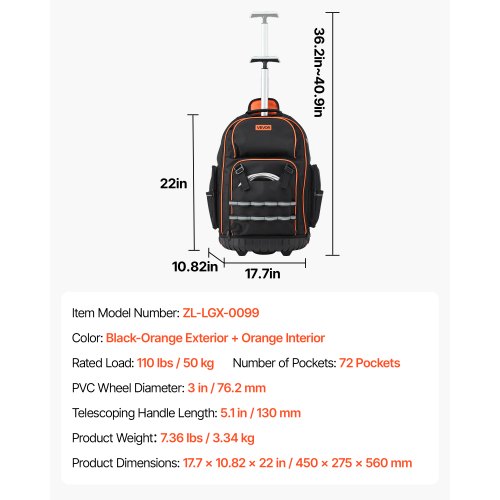 Rullande verktygsryggsäck, 45x27.5x56 cm, svart-orange, robust förvaring