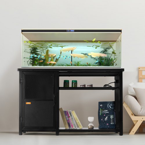 Akvariebord, 132x50x82 cm, Sort, Stål og MDF opbevaring