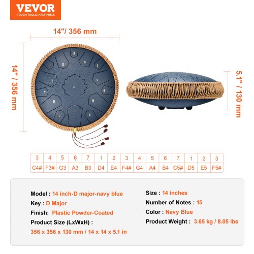 Steel Tongue Drum, 35,6x35,6x13 cm, marinblå, slagverksinstrument