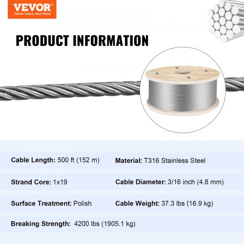 Rustfrit stål wire reb, 500 ft, 4,8 mm, sølv, 1x19 tråd konstruktion