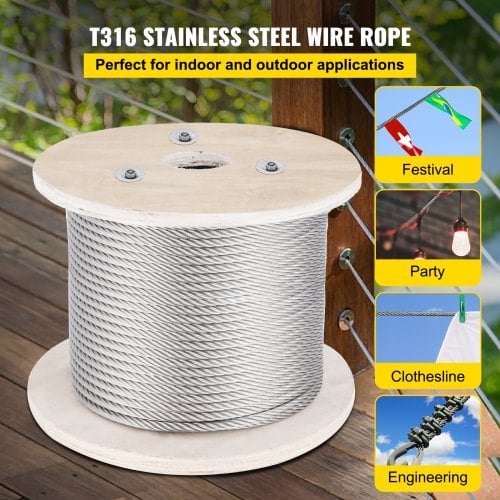 Rustfrit stål wire reb, 152 m x 0,4 cm, stål