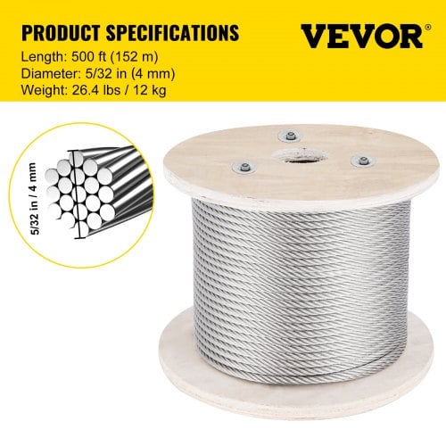 Rustfrit stål wire reb, 152 m x 0,4 cm, stål