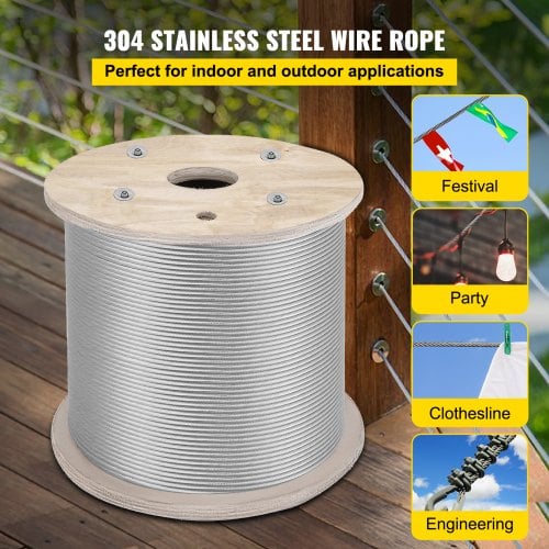 Rustfrit stål kabel 61 m 6,4 mm, sølv, ståltov