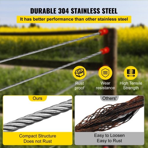 Rustfrit stål kabel 61 m 6,4 mm, sølv, ståltov