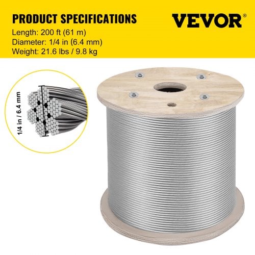 Rustfrit stål kabel 61 m 6,4 mm, sølv, ståltov