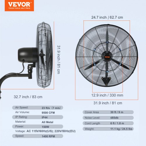Mistventilator, 74,9 cm vandtæt industriel ventilator, metal, køling