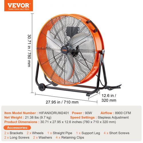Industriel gulvventilator, 78x71x32 cm, justerbar, kraftig