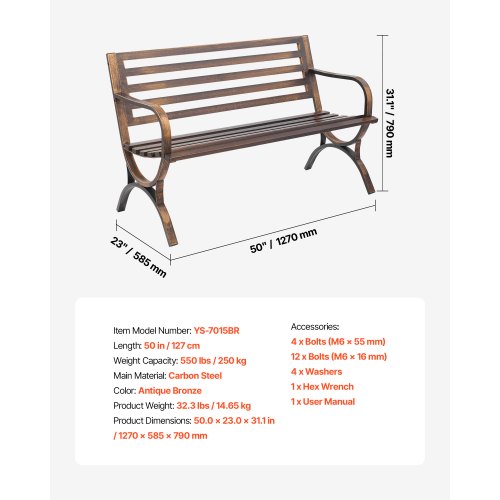 Utomhusbänk, 127x58.5x79 cm, Brons, Metallram