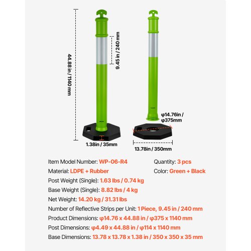 Trafikavskiljare, 3-pack, 37,5x114 cm, Grön, Extra robust