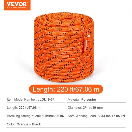 Træklatrereb, dobbeltflettet polyester, 1,9 cm x 67,1 m, orange, 24-trådet