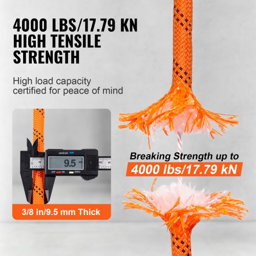 Klätringrep, Dubbelflätad Polyester, 1x366 cm, Orange, hög hållfasthet