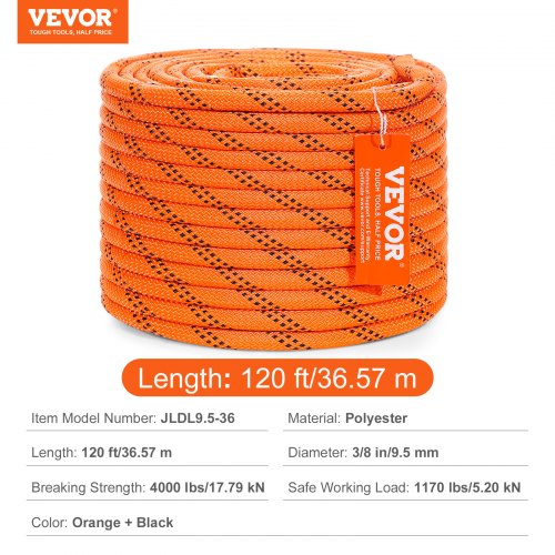 Klätringrep, Dubbelflätad Polyester, 1x366 cm, Orange, hög hållfasthet