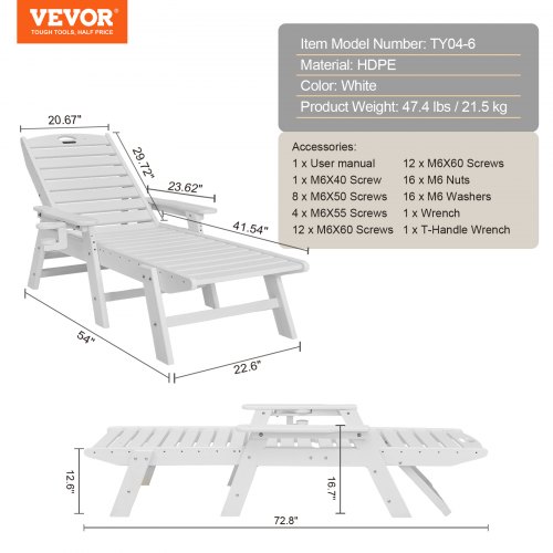 Chaiselong stol 183x72,5x93 cm hvid HDPE justerbar udendørs