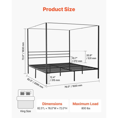 Katossänky, King Size, 209.5x193x183 cm, Musta, Metalli