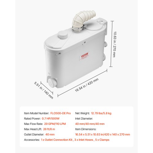 Maceratorpumpe, 500W, 420x140x270 mm, Spildevandsbortskaffelse