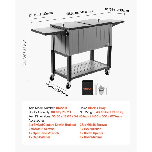 Rullende isboks, 143x50x87,5 cm, sort, transportabel kølevogn