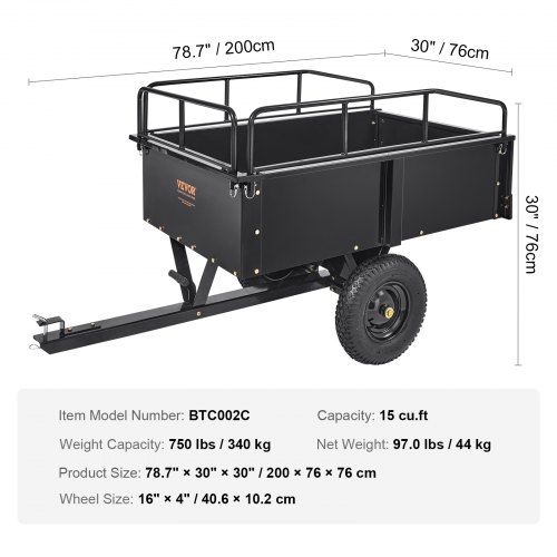 ATV Trailer, Stål Tipvogn, 200x66x76 cm, Sort, Havevogn