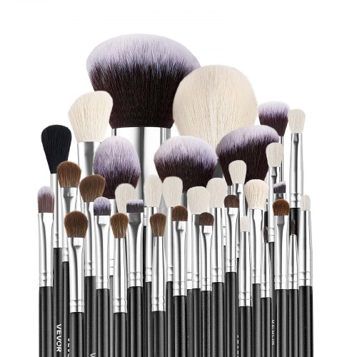 Makeupborstset, 34-delars professionell, svart, träskaft, resevänlig
