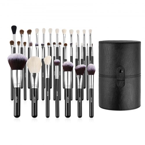 Makeupborstset, 34-delars professionell, svart, träskaft, resevänlig