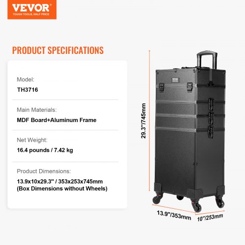 Makeup-togkuffert, 35,3x25,3x74,5 cm, Sort, Aluminium opbevaring