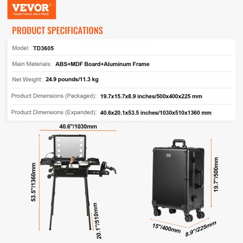 Makeup Train Case, 1030x510x1360 mm, Sort, Opbevaringsorganisator
