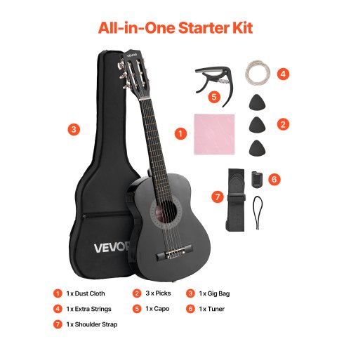 Klassisk guitar 78 cm sort, basswood, startpakke