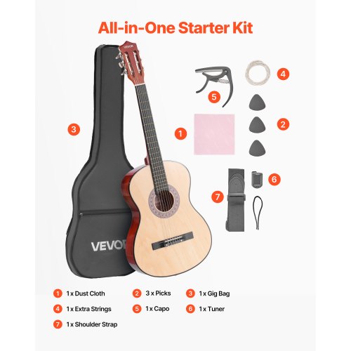 Klassisk guitar, 96 cm, naturtræ, startpakke