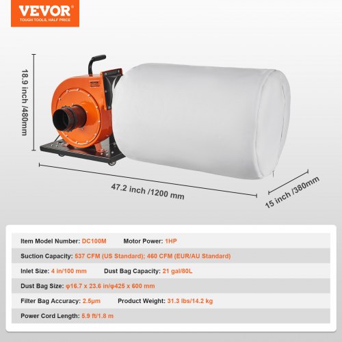 Støvopsamler 781,54 m³/t 425x600 mm 80 L Stål Mobil Værksted