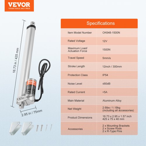 Lineær aktuator, 30.5x7.5x4 cm, høj belastning, 12V, IP54, aluminium