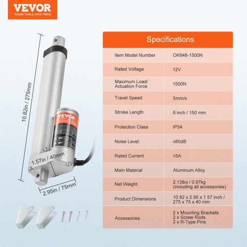 Lineær aktuator 12V, 15,2x0,5 cm, høj belastning, IP54, aluminium