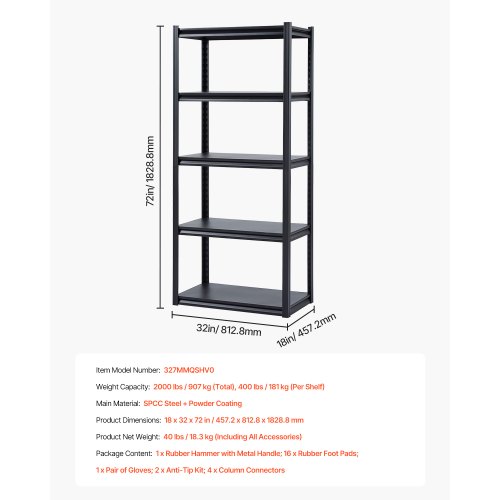 Opbevaringsreol, 45,7x81,3x182,9 cm, Sort, Metal