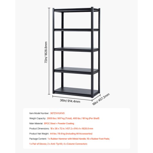 Opbevaringsreol, 45,7x91,4x182,9 cm, Sort, Justerbar metal